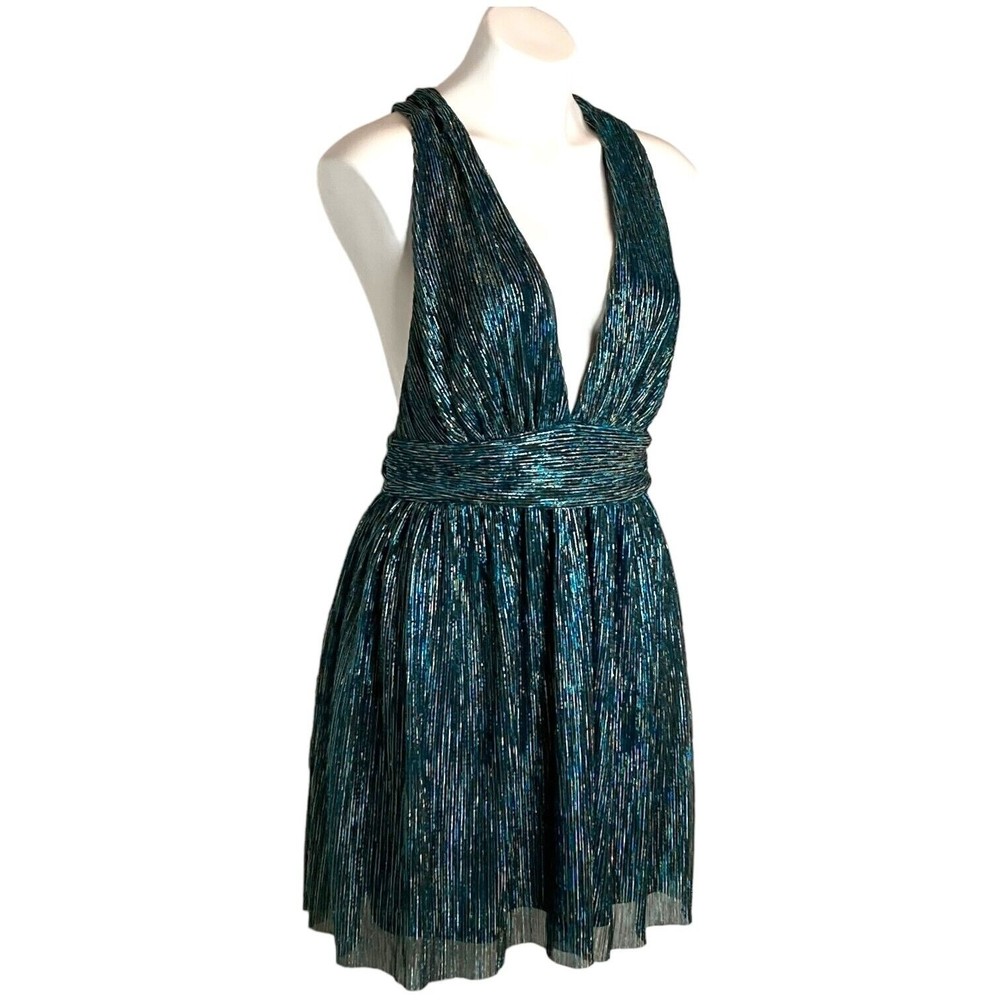 New LULUS Ailey Metallic Teal Twist Back Skater Dress Womens Size L‎ Mini Party - Picture 2 of 12